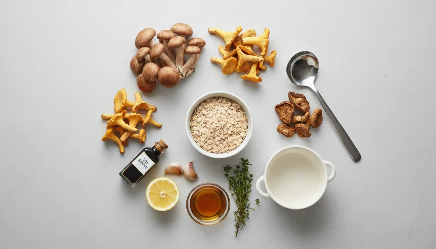 Ingrédients pour le risotto d'avoine aux champignons – photographie flatlay