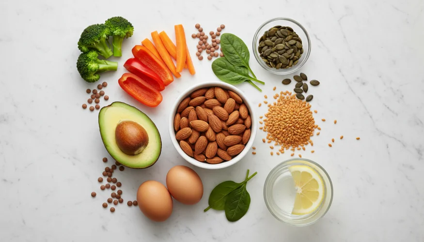 Flat-lay of healthy foods rich in biotin, zinc, iron and vitamins for strong nails