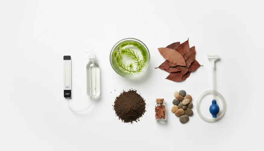 Flat-lay of natural aquarium maintenance tools including aquatic plants, Indian almond leaves, substrate, and a CO2 fermentation bottle
