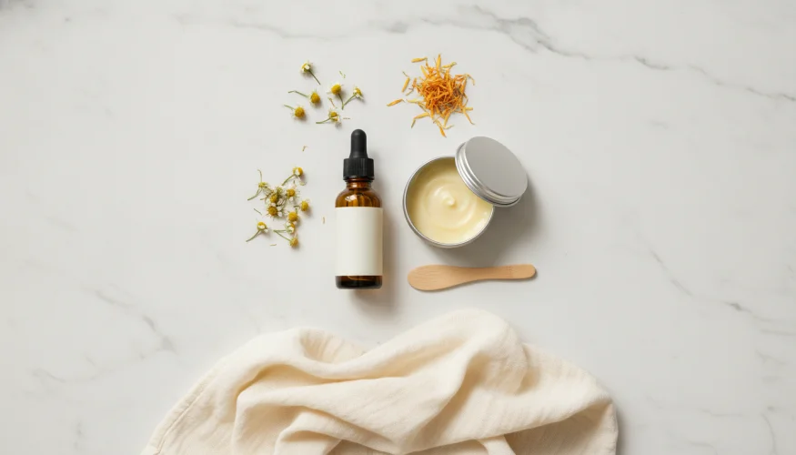 Productos naturales para el cuidado de la piel del bebé con manzanilla y caléndula