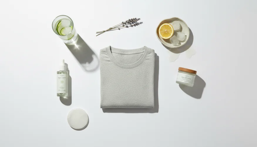 Flat-lay of natural deodorant products, crystal stone, bamboo fabric and cooling elements on a white surface