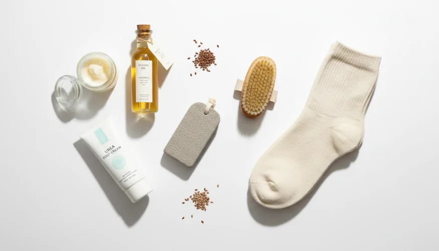 Přírodní produkty péče o paty – bambucké máslo, kokosový olej, krém s ureou, pemza a bavlněné ponožky