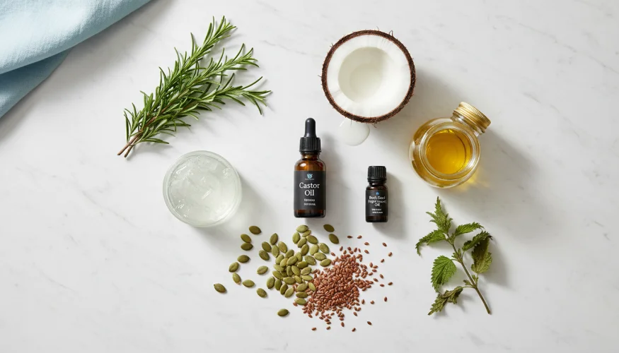Oli naturali e ingredienti per la cura dei capelli – olio di ricino, olio di cocco, olio di argan, rosmarino, aloe vera e semi