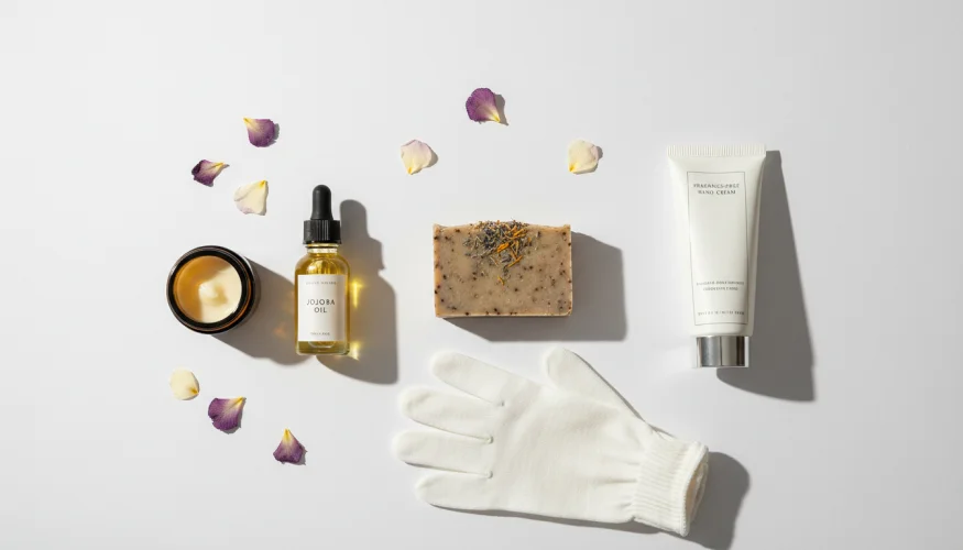 Natürliche Handpflegeprodukte – Stückseife, Sheabutter, Jojobaöl und Baumwollhandschuhe