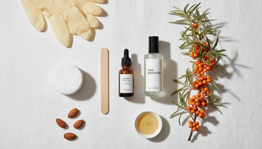 Flat-lay of natural nail care products including cuticle oil, acetone-free remover, cotton pads, and protective gloves