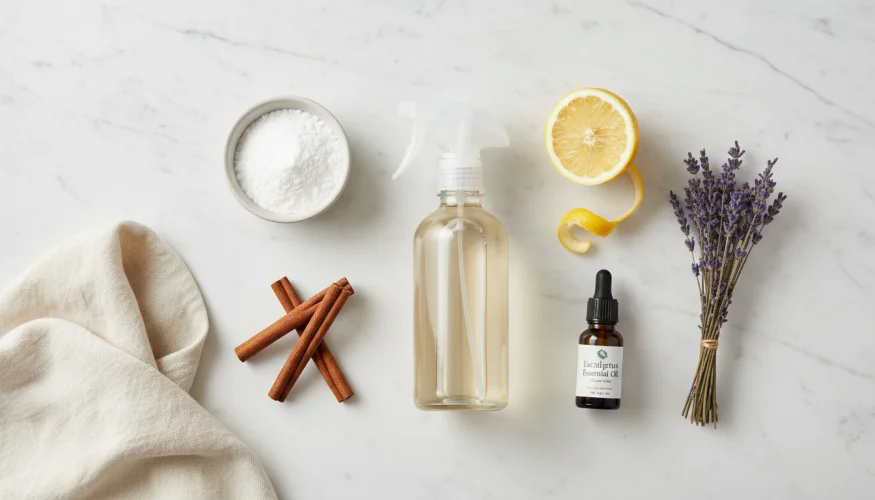 Flat-lay of natural home cleaning supplies including vinegar spray bottle, baking soda, lemon, essential oils and cotton cloth
