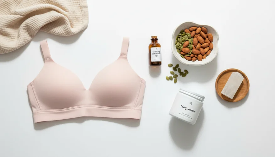 Flat-lay of natural products for PMS relief including a wire-free bra, evening primrose oil, magnesium, seeds, and natural deodorant