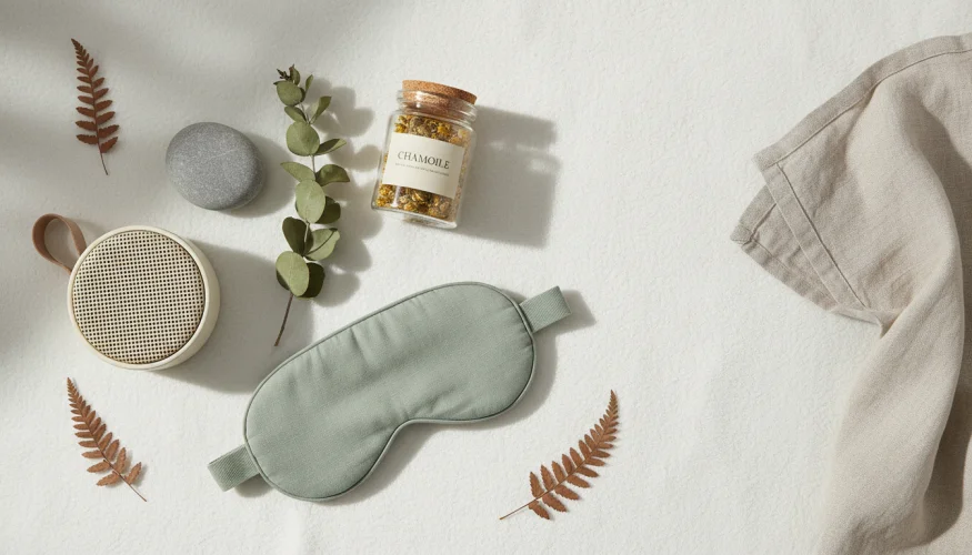 Productflatlay met draagbare luidspreker, riviersteen, eucalyptus en natuurlijke relaxatieaccessoires