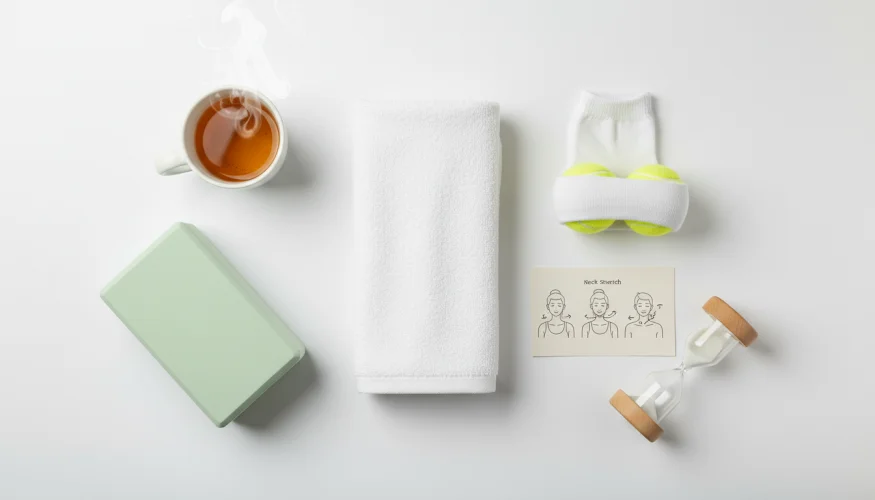 Accessori per l'allenamento dei muscoli profondi del collo – palline da tennis, asciugamano e scheda con gli esercizi
