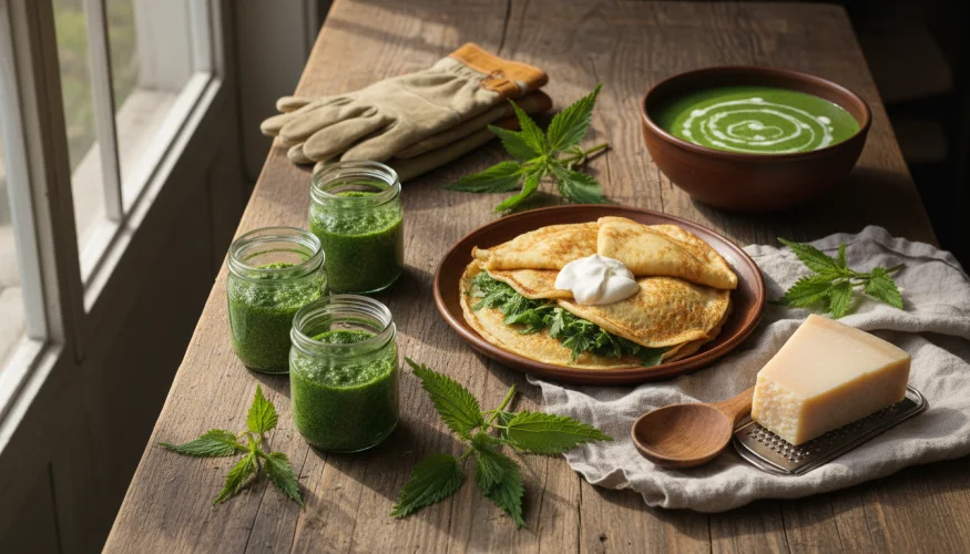 Verschiedene Brennnessel-Rezepte auf einem rustikalen Holztisch in der Küche