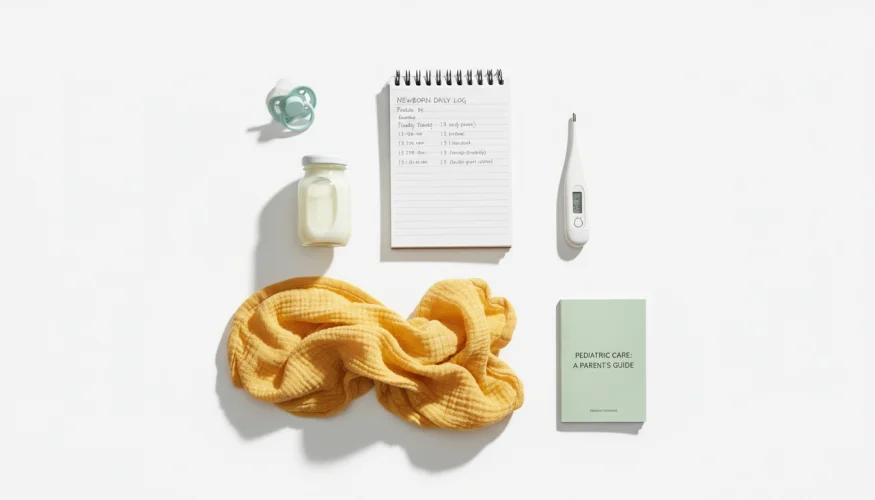 Flat-lay of newborn care essentials including breast milk bottle, swaddle, thermometer and care booklet in soft studio light