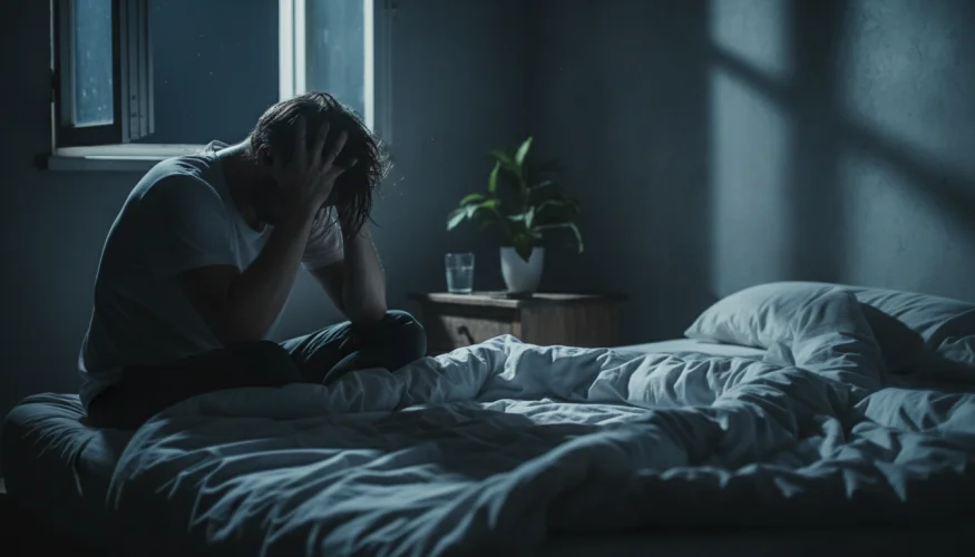 Ein Mensch sitzt nachts mit Stress und nächtlichem Schwitzen auf dem Bettrand