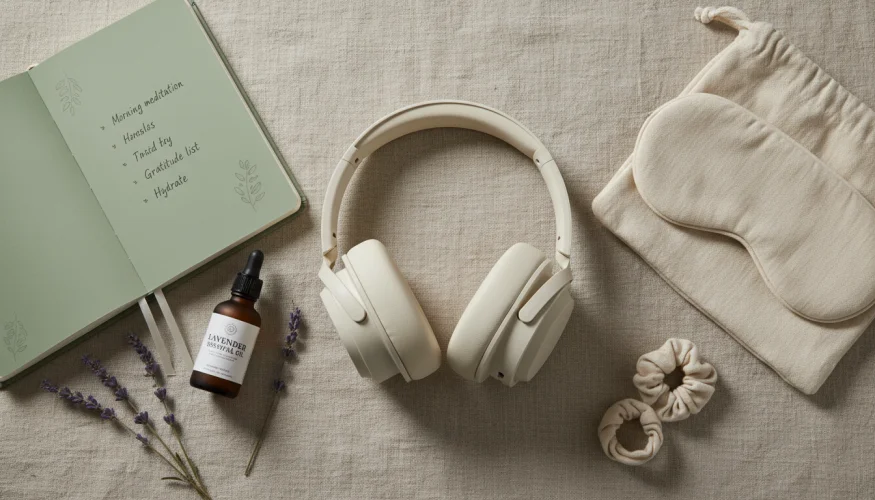 Flat-lay of noise-cancelling headphones, wellness journal and calming accessories for sensory overstimulation relief