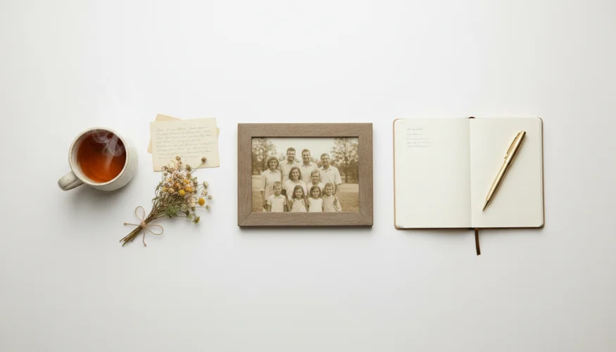 Nature morte avec des souvenirs familiaux – photographies, une lettre, une tasse de thé et un journal sur une surface blanche