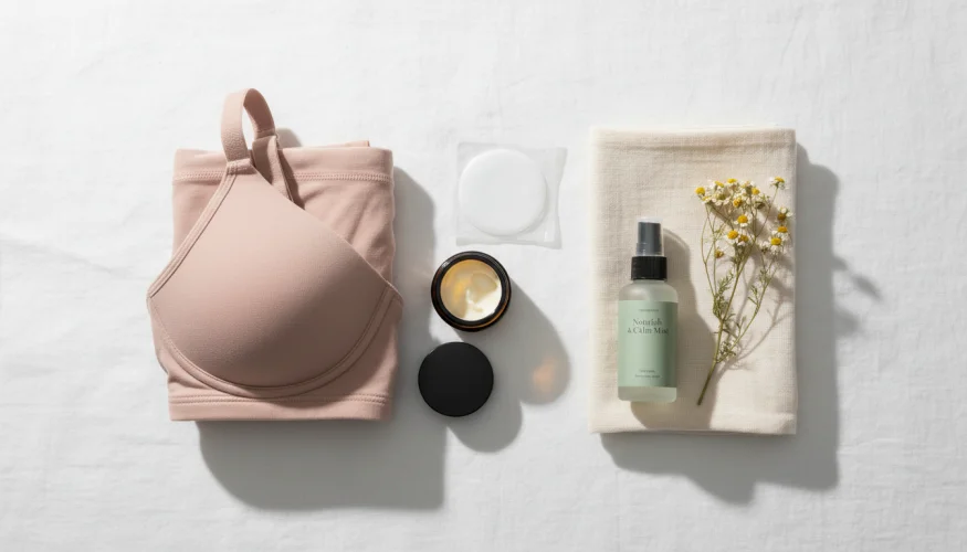 Flat-lay of breastfeeding care products including lanolin cream, hydrogel pads and organic nursing bra on white linen
