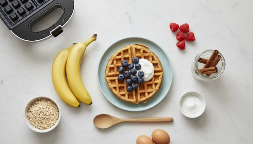 Flat-lay of oat waffle ingredients including oats, bananas, eggs, berries and a finished waffle on marble surface