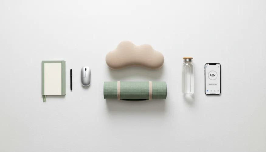 Flat-lay of ergonomic office wellness accessories including yoga mat, footrest, water bottle and stretch timer app
