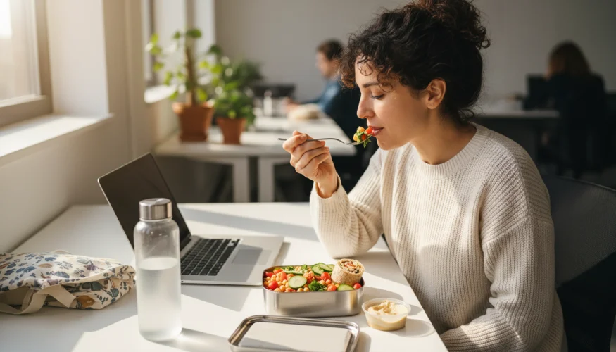 Irodában dolgozó nő hideg ebédet eszik rozsdamentes acél bento boxból