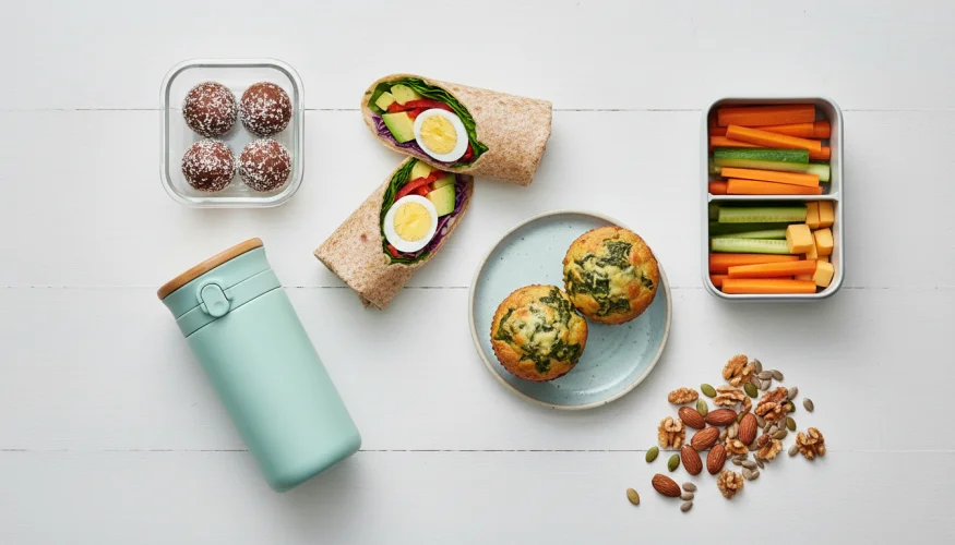 Flat-lay of nutritious one-handed snacks for new parents including wraps, energy balls, savory muffins, a thermos, and cut vegetables