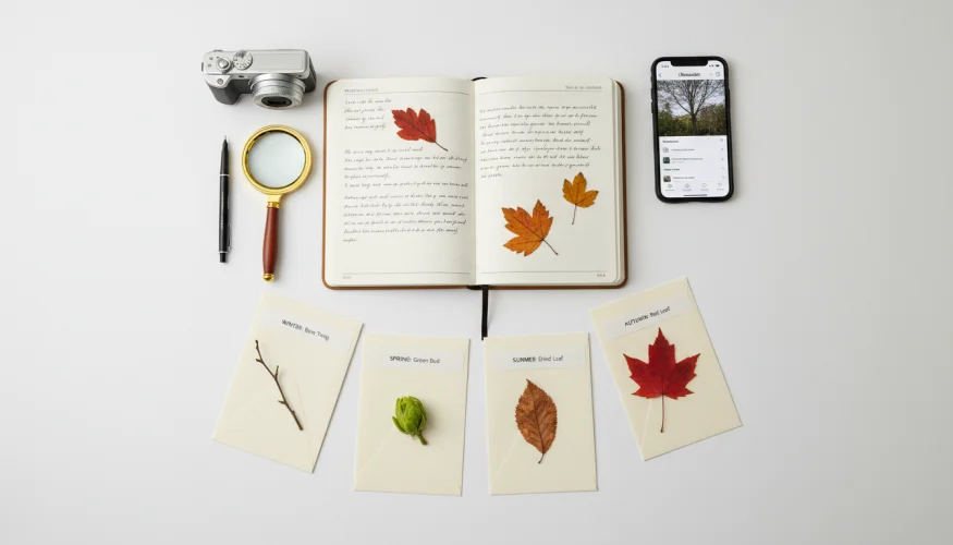 Natuurwetenschappelijk dagboek, geperste bladeren, vergrootglas en fototoestel in een productfotografie – het observeren van één boom gedurende een heel jaar