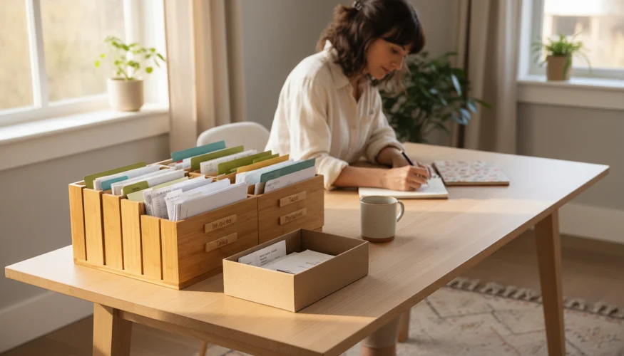 A neatly organised home office desk with a bamboo document organiser and colour-coded folders