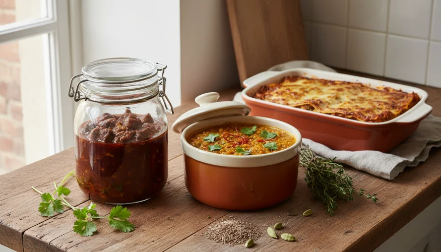 Skleněné nádoby s gulášem, čočkovým kari a lasagněmi připravené k přenocování v lednici