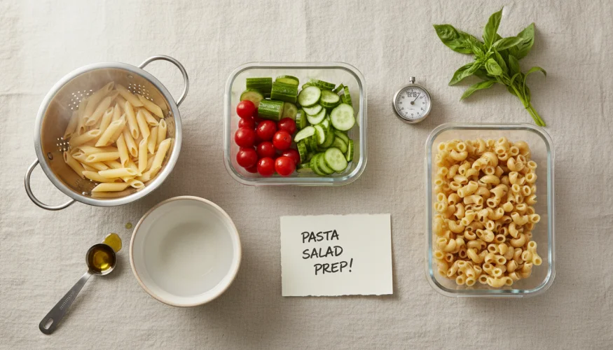 Flat-lay of pasta salad ingredients including fusilli, feta, olives, lemon vinaigrette, and fresh herbs on white marble