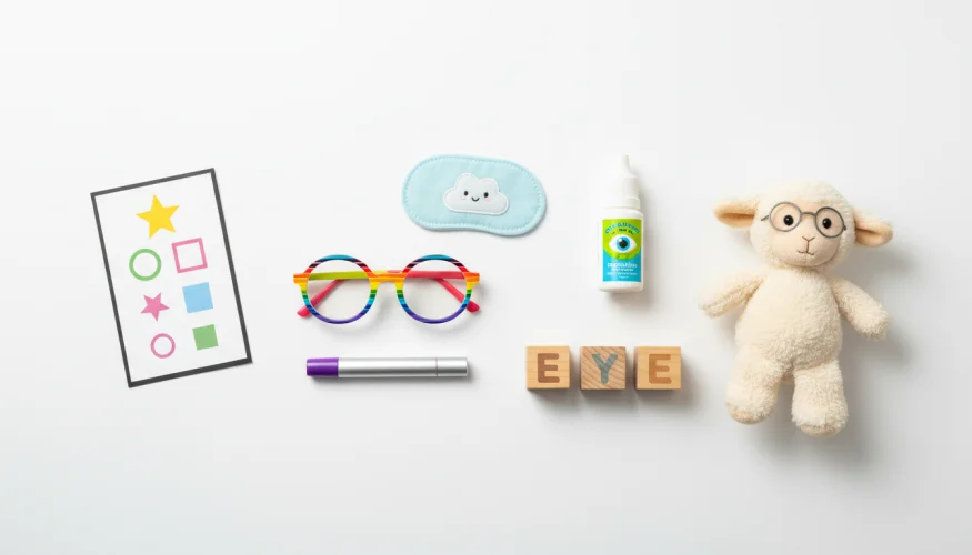 Accessoires pour les soins oculaires de l'enfant – lunettes pour enfants, pansement occlusif, gouttes ophtalmiques et lampe de poche