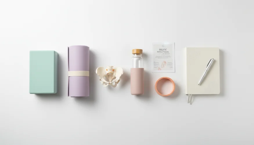 Flat-lay of pelvic floor wellness items including yoga block, pilates mat, anatomical model, water bottle and journal