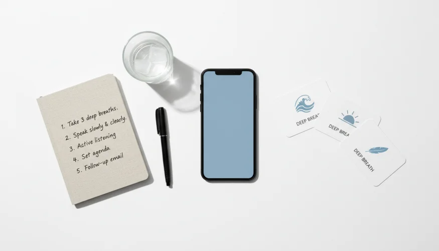 Préparation avant un appel téléphonique – carnet de notes, stylo et smartphone
