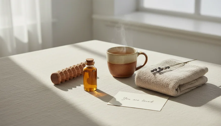 Flat-lay of massage oil, wooden roller, organic towel, lavender and herbal tea representing physical wellness and touch