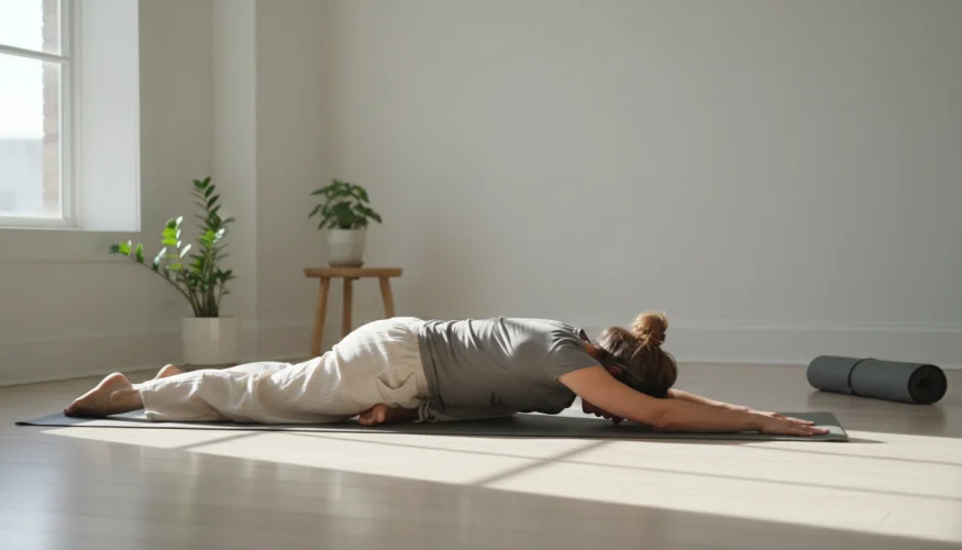 Woman doing pigeon pose on a mat at home