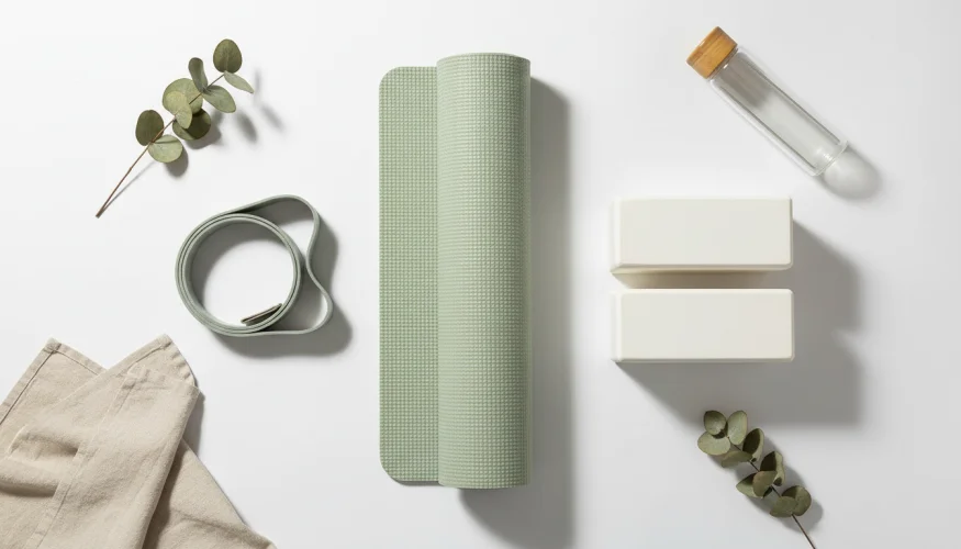 Flat-lay of a pilates mat, foam blocks, resistance band and water bottle for a pilates hundred exercise setup