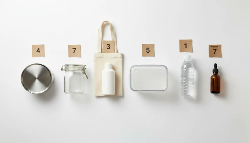 Panoramica degli imballaggi in plastica con codici di riciclaggio accanto ad alternative ecologiche