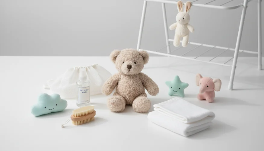 Flat-lay of stuffed animals and gentle laundry care products on white surface