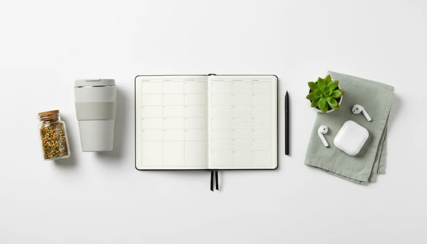 Flat-lay of wellness and planning essentials for a smooth return to work after holiday