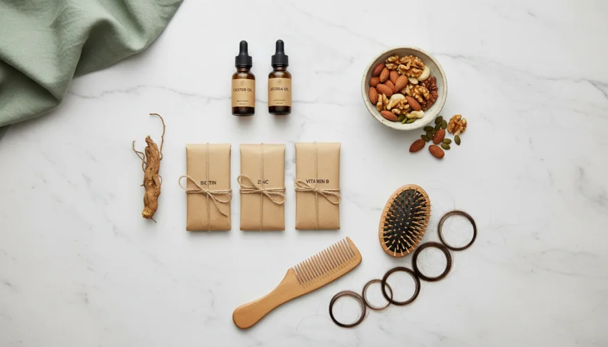 Productos naturales para el cuidado del cabello después del parto y el estrés – flatlay con aceites, suplementos y peine