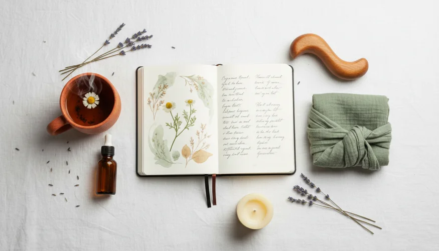 Flat-lay of gentle postpartum self-care items: herbal tea, natural oil, organic fabric, lavender and a journal on white linen