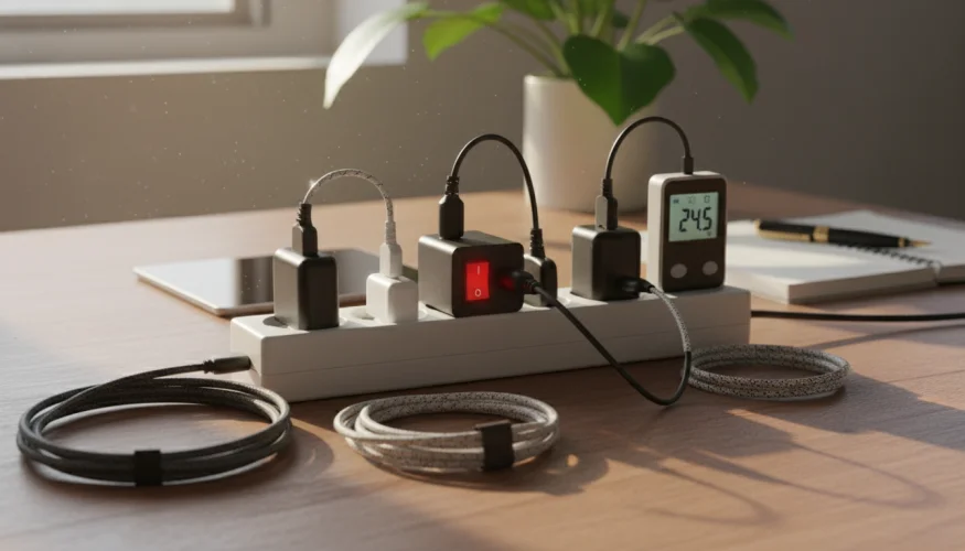 Prodlužovací kabel s vypínačem a zapojenými nabíječkami na pracovním stole