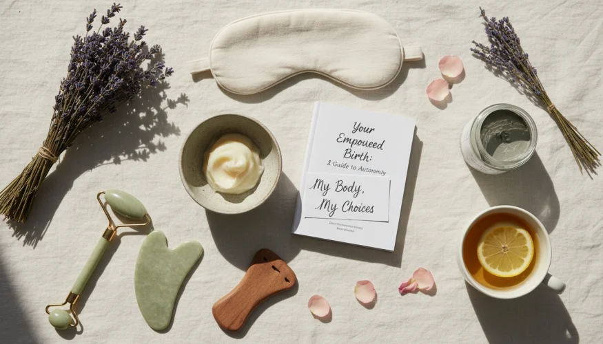 Flat-lay arrangement of self-care items including a journal, herbal tea, lavender sachet, and a soft blanket symbolising personal space and bodily autonomy during pregnancy