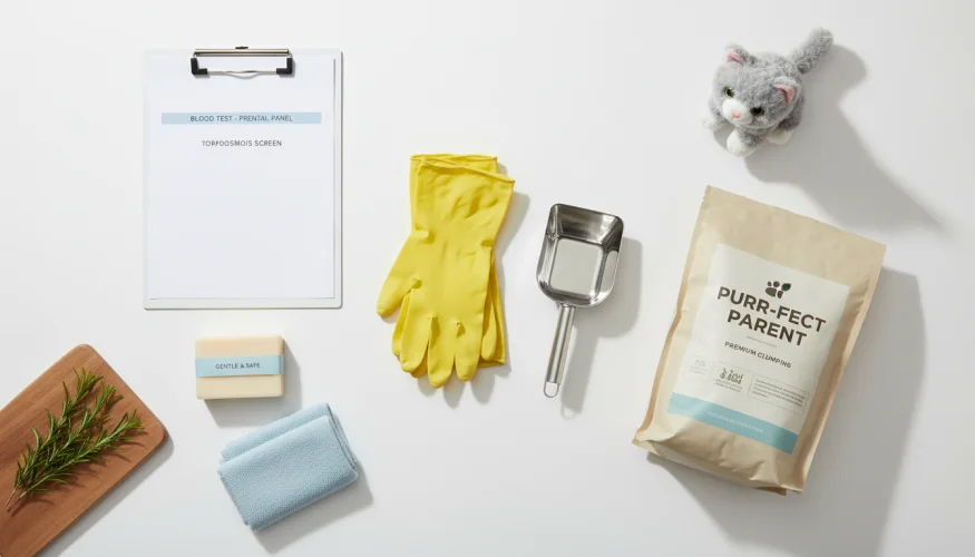 Flat-lay of pregnancy and cat hygiene essentials: rubber gloves, litter scoop, hand soap, and a blood-test form