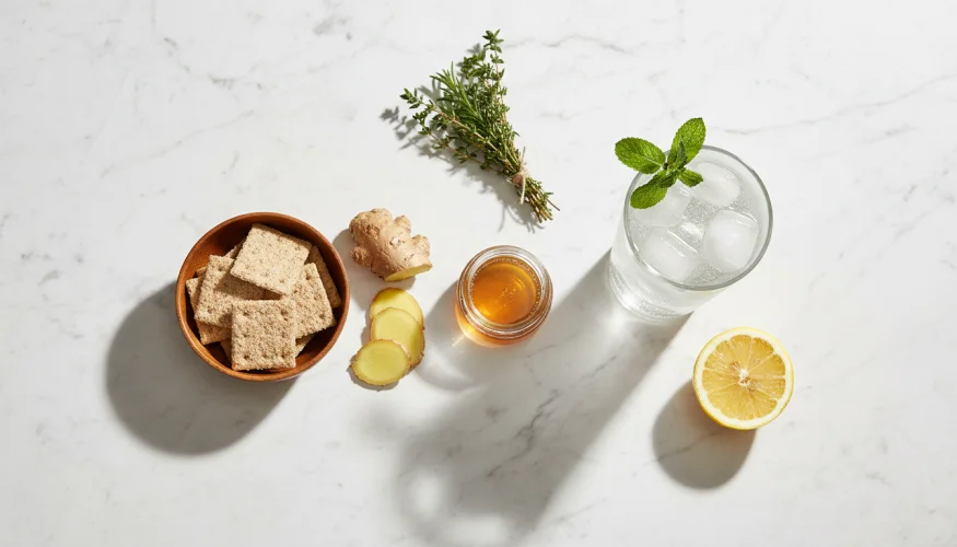 Flat-lay of pregnancy-friendly foods including crackers, ginger, lemon, and fresh herbs on marble
