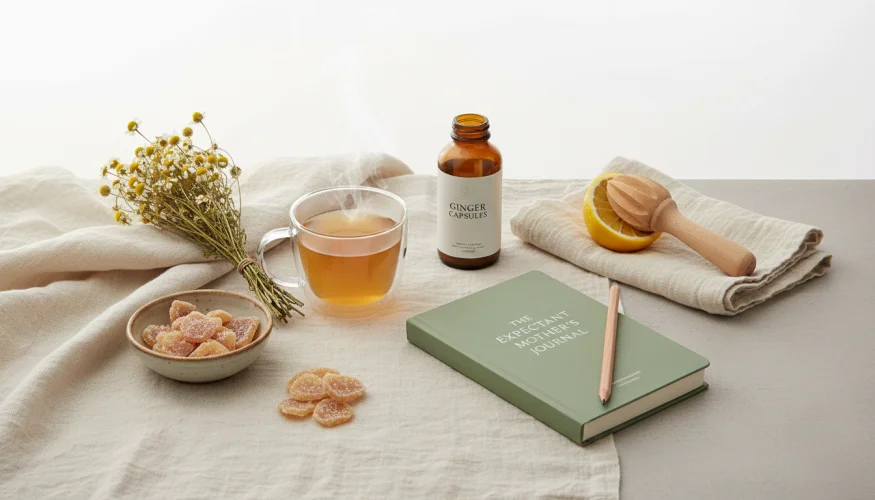 Schwangerschaftsalternativen zu Kaffee – Zichorienkaffee, Ingwer und Kräutertee als Flat-lay