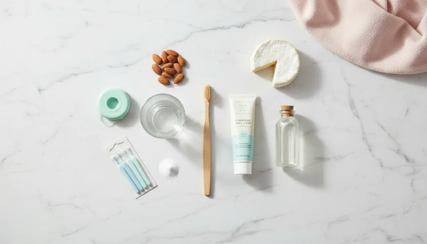 Flat-lay of pregnancy dental care products including toothbrush, fluoride toothpaste, dental floss and calcium-rich snacks on white marble