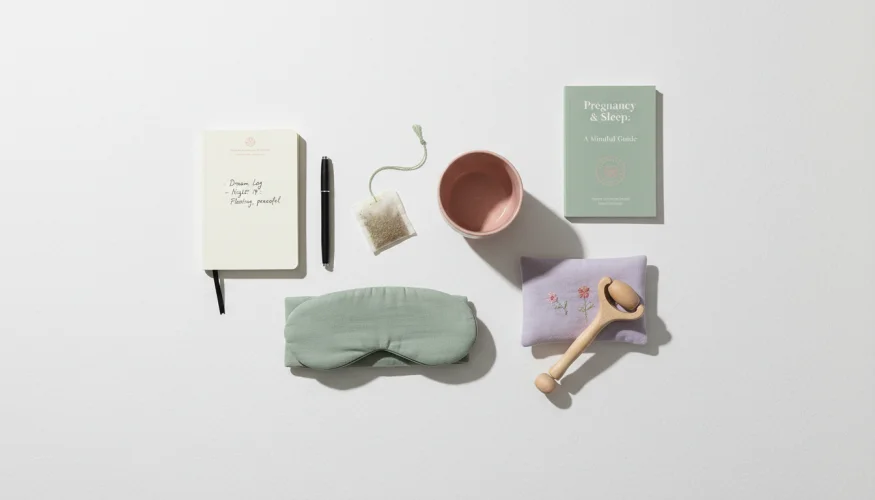 Flat-lay of pregnancy wellness items including a dream journal, herbal tea, eye mask and lavender sachet