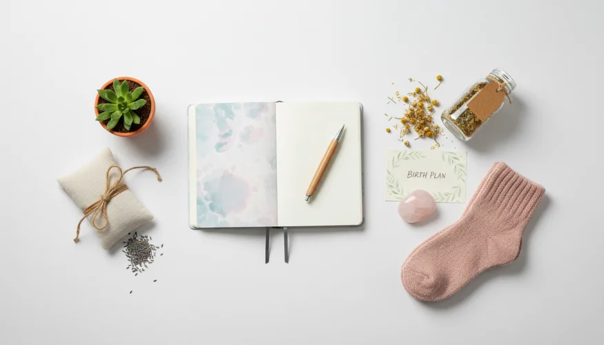 Flat-lay of pregnancy self-care items including a journal, herbal tea, lavender sachet, and rose quartz stone
