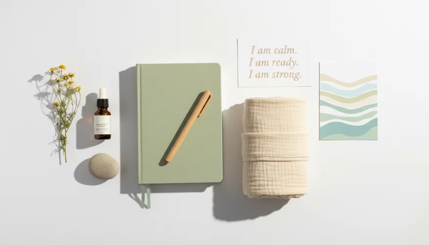 Flat-lay of prenatal wellbeing items including a journal, essential oil, affirmation card, and chamomile flowers