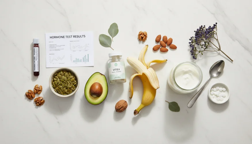 Flatlay s krvnim testom, vitex kapsulami, bučnimi semeni, avokadom, kefirjem in magnezijevimi dodatki za hormonsko ravnovesje