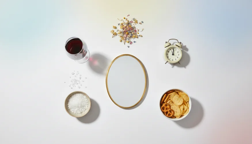 Flat-lay of items causing morning eye puffiness: salt, wine glass, pollen, alarm clock, and snacks