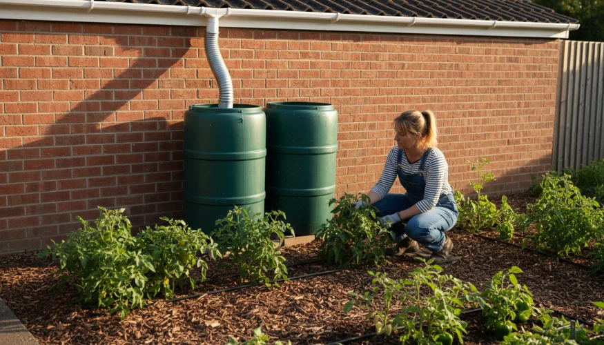 Garten mit Regentonnen, Tröpfchenbewässerung und gemulchten Beeten
